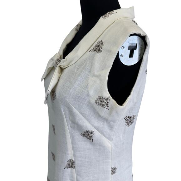 Vintage 1970s Linen Bow Collar Dress with Brown Floral Print – Size M - Picture 6 of 16